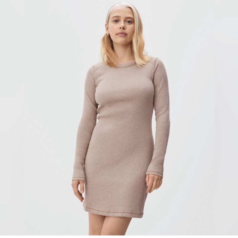 🎁Everlane Heathered Oat Organic Cotton Ribbed Mini Dress #F-DRS-CTN-RIB-LS - XS